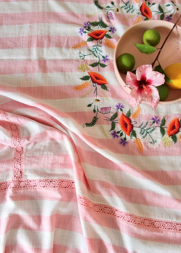 Bonjour Table Cloth pink stripe