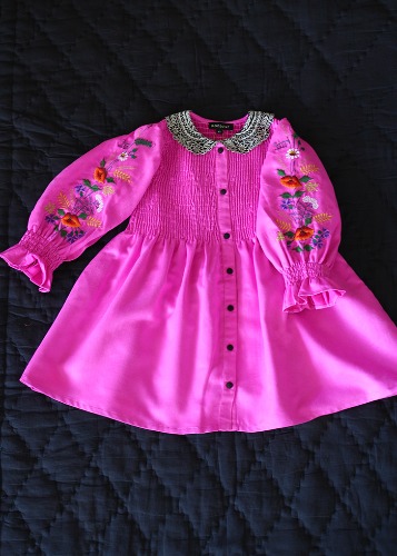 Bonjour DRESS WITH EMBROIDERY COLLAR &amp; SLEEVE - Pink